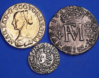 REPRODUCTION Scotland, Scottish Coins, Mary Queen of Scots, Testoon Five Shillings & Gold Ryal, Robert the Bruce silver penny coins [MQS]