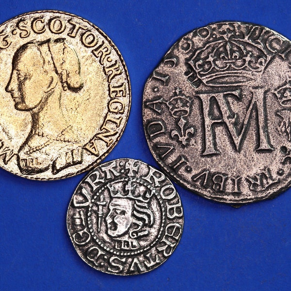REPRODUCTION Scotland, Scottish Coins, Mary Queen of Scots, Testoon Five Shillings & Gold Ryal, Robert the Bruce silver penny coins [MQS]