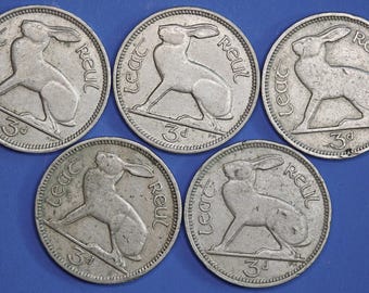 ÄKTA 5 irländska trepencemynt 3d Irland EIRE, irländska haremynt [10/26 35740]