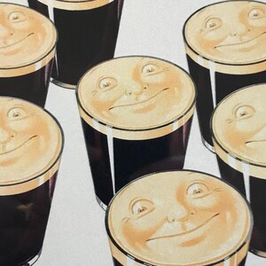 May include: Seven glasses of dark beer with smiling faces on the top of the foam. The glasses are arranged in a circle on a white background.