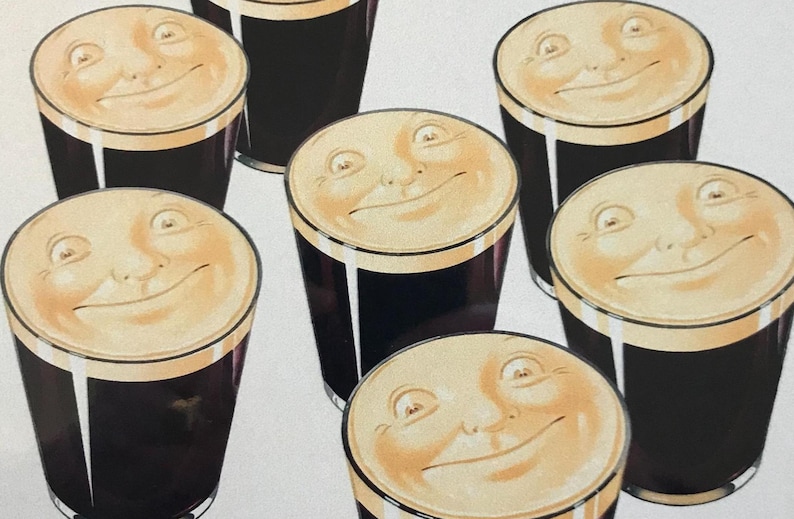 May include: Seven glasses of dark beer with smiling faces on the top of the foam. The glasses are arranged in a circle on a white background.