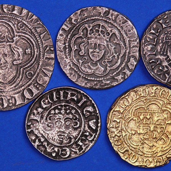 REPRODUCTION Medieval coins, 5 Medieval coins, William 1, Edward 1 and 111, Henry II and VI, 18-25mm [5MED]