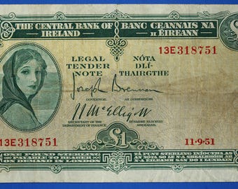 1951 Irlands centralbank, ett pund, en irländsk EIRE Lady Lavery-sedel [10/26 35809]