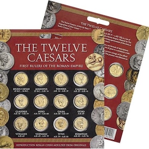 May include: A set of twelve gold-colored coins depicting the Roman Emperors known as the Twelve Caesars. The coins are arranged in a grid on a red background with the title "The Twelve Caesars: First Rulers of the Roman Empire".