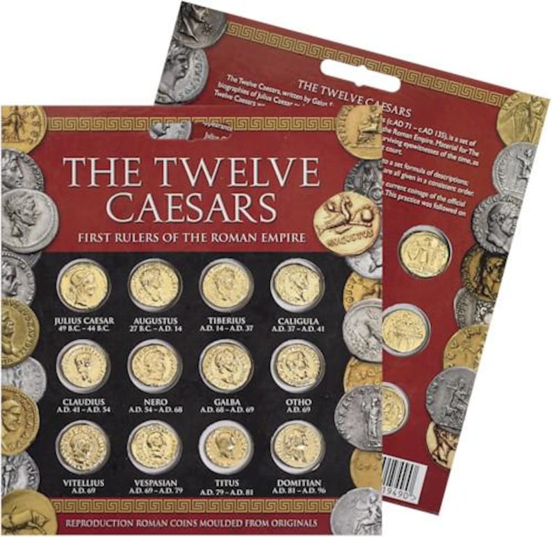 May include: A set of twelve gold-colored coins depicting the Roman Emperors known as the Twelve Caesars. The coins are arranged in a grid on a red background with the title "The Twelve Caesars: First Rulers of the Roman Empire".