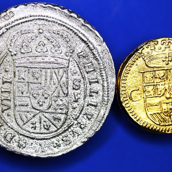 REPRODUCTION, Replica - Gold Doubloon Spanish colonial 2 Escudos 16th C (22mm) & 1705 Philip V 8 VIII Real Seville (35mm) coins [2SPAIN]