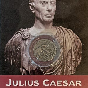 REPRODUCTION Roman coin, Julius Caesar Denarius in information pack [SRCP1P]
