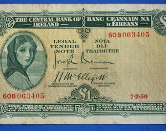 1950 Irlands centralbank, ett pund, en irländsk EIRE Lady Lavery-sedel [10/26 35811]