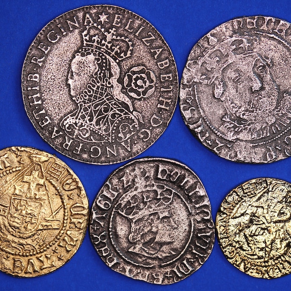 5 REPRODUCTION British Tudor coins - Henry VII Half Groat, Henry VIII Half-Angel + Groat, Elizabeth I Sixpence & Quarter Angel  [5TUD]