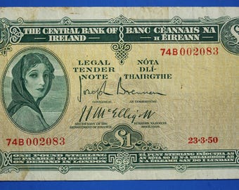 1950 Irlands centralbank, ett pund, en irländsk EIRE Lady Lavery-sedel [10/26 35810]