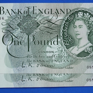 2x 1960 Bank of England One pound 1 pound, O&#39;Brien &quot;08N&quot; Elizabeth II banknotes CONSECUTIVE   [12/24 31541]