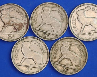 GENUINE 5 Irish Threepences 3d Ireland EIRE, Irish Hare coins, various dates [R03/26 32280]