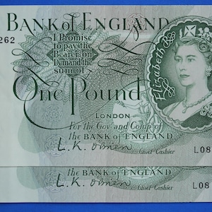 2x 1960 Bank of England One pound 1 pound, O&#39;Brien &quot;L08&quot; Elizabeth II banknotes CONSECUTIVE   [12/24 31543]