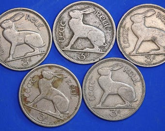 ÄKTA 5 irländska trepencemynt 3d Irland EIRE, irländska haremynt [10/26 35744]