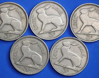 ÄKTA 5 irländska trepencemynt 3d Irland EIRE, irländska haremynt [10/26 35739]