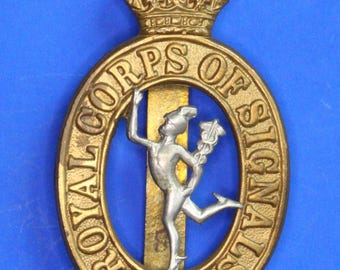Brittiska arméns militärtjänst - Första världskriget, Andra världskriget, Royal Corps Of Signals 1920-1946. Bimetalliskt kepsmärke [10/26 35648]