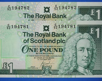 2 Royal Bank of Scotland plc ettpundssedlar, löpande nummer, skotska sedlar, Edinburgh Castle [10/26 35841]