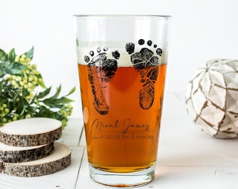 Baby footprints, beer glass, pint glass, custom beer glass, gifts for dad, first time dad gift, memorial gifts, handwriting, pint glasses