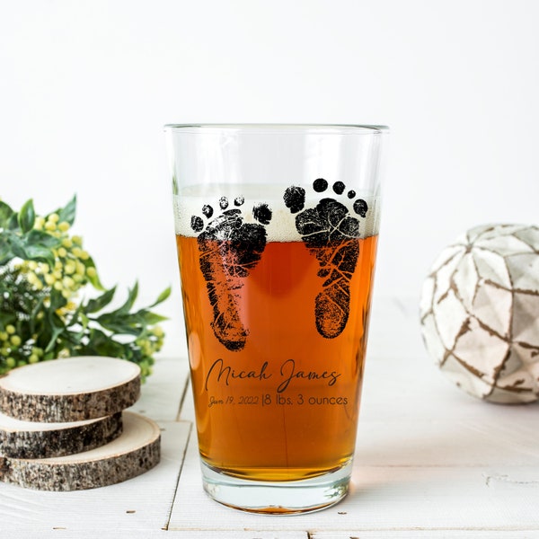 Baby footprints, beer glass, pint glass, custom beer glass, gifts for dad, first time dad gift, memorial gifts, handwriting, pint glasses