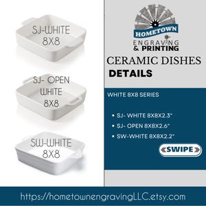 White ceramic 8x8 casserole dish style options including standard, open-handle, and square-handle designs. Informational listing image highlighting multiple white stoneware 8x8 baking dish variations, perfect for personalized engraving, custom recipe gifts, and classic farmhouse kitchen bakeware collections.
