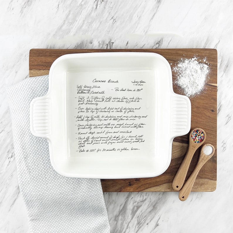 Handwritten Dish with YOUR handwriting Personalized casserole pan Favorite Recipe Pan engraved baking dish Display Pie Pan 8x8 dish image 1