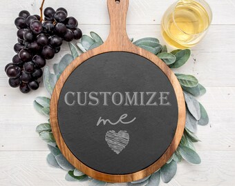 Personalized Round Slate Cheese Board With Wood Handle, Custom Engraved Stone Cutting Board, Slate Charcuterie Serving Paddle