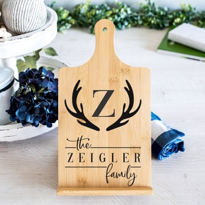 Personalized Recipe Stand With Rustic Family Name Design, Custom Engraved Cookbook Or Tablet Holder, Wedding & Anniversary Gift for Couples