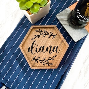 Hexagon Wood Tray - Engraved Key or Ring Dish, Wedding Gift for Mother of the Bride Groom MIL MOH Bridesmaid, Engagement or Birthday Gift