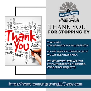 Graphic thanking customers for visiting Hometown Engraving & Printing, featuring Thank You in multiple languages, an invitation to reach out via Etsy for assistance.