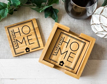 Custom Engraved Coasters for housewarming gift | Personalized laser engraved gifts | Bamboo Coasters