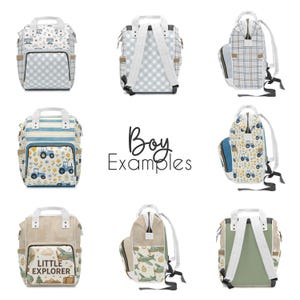 Collage of nine customizable boy-themed diaper backpack designs. Patterns include blue gingham, plaid, vintage airplanes, tractors with florals, and "Little Explorer" travel-themed graphics. Each bag showcases different angles—front, side, and back—highlighting personalization options like fabric patterns, pocket artwork, and color accents. Central text reads “Boy Examples” in modern script.