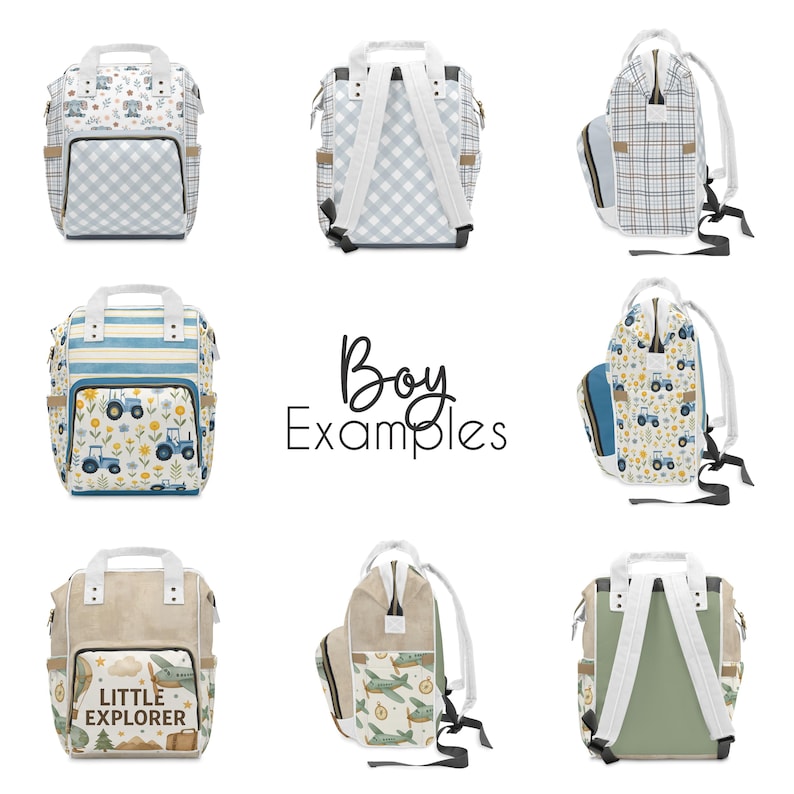 Collage of nine customizable boy-themed diaper backpack designs. Patterns include blue gingham, plaid, vintage airplanes, tractors with florals, and "Little Explorer" travel-themed graphics. Each bag showcases different angles—front, side, and back—highlighting personalization options like fabric patterns, pocket artwork, and color accents. Central text reads “Boy Examples” in modern script.