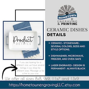 Woman holding a white ceramic casserole dish labeled “Product Details,” styled on a bright farmhouse kitchen surface with blueberries, wooden spoon, and striped towel. Informational listing image highlighting personalized ceramic bakeware details, stoneware options, laser engraving permanence, and available casserole dish sizes for custom engraved recipe gifts.