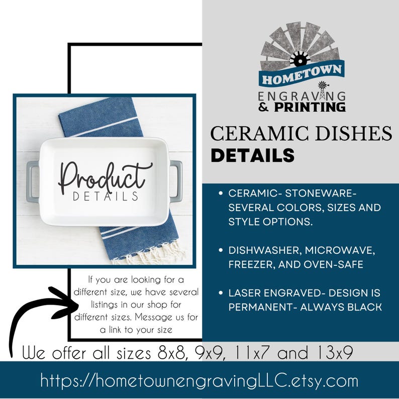 Woman holding a white ceramic casserole dish labeled “Product Details,” styled on a bright farmhouse kitchen surface with blueberries, wooden spoon, and striped towel. Informational listing image highlighting personalized ceramic bakeware details, stoneware options, laser engraving permanence, and available casserole dish sizes for custom engraved recipe gifts.