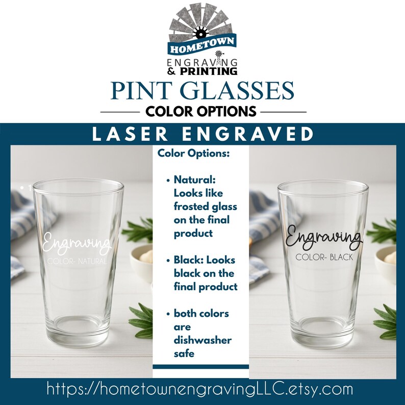 May include: Two clear pint glasses with laser engraving options. The text on the glasses reads "Engraving" with "COLOR- NATURAL" and "COLOR- BLACK" below. The color options are natural (frosted glass) and black. Both are dishwasher safe.