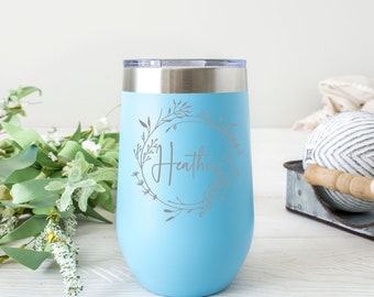 Floral Wreath Wine Tumbler | Personalized Wine Tumbler | Insulated Stemless Wine Glass Tumbler with Lid | Engraved Personalized Tumbler