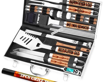 Custom Father’s Day Gift, Personalized BBQ Grill Set for Dad, , Engraved Grill Tools with Case, Best Flippin’ Dad Grill Set