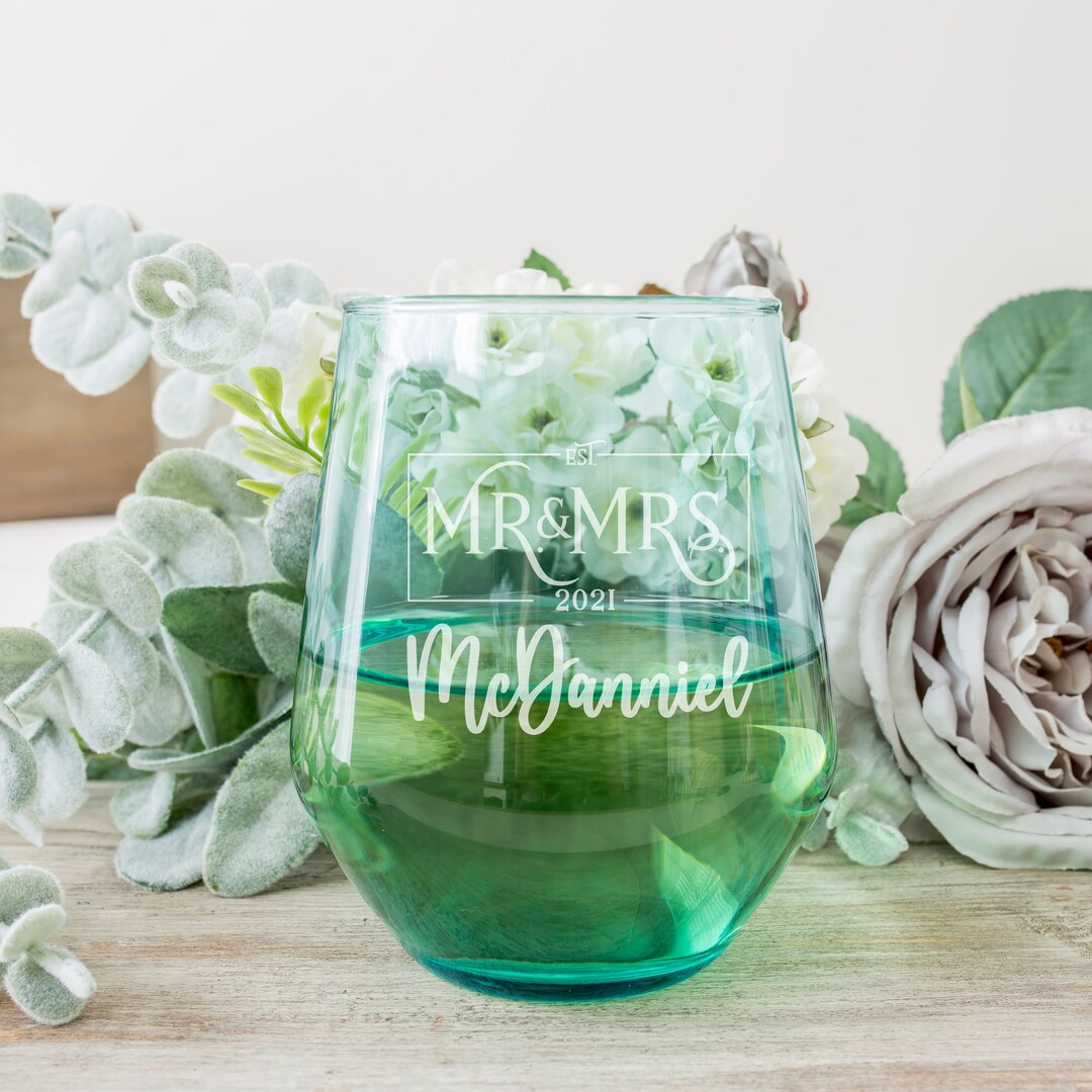Mr and mrs stemless wine glasses hotsell