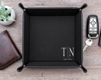 Monogrammed Leatherette Catch All Tray - Personalized Desk Organizer