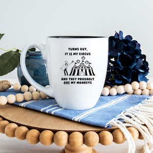 Funny Circus Mug – “It Is My Circus & They Are My Monkeys” Laser Engraved Bistro Mug – Gift for Moms, Teachers, Coworkers or Chaos Lovers