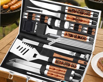 Engraved Grill Accessories | Personalized BBQ Grill Tool Set | Custom Father's Day Gift |  Dad BBQ Gift | Stainless Tools & Case