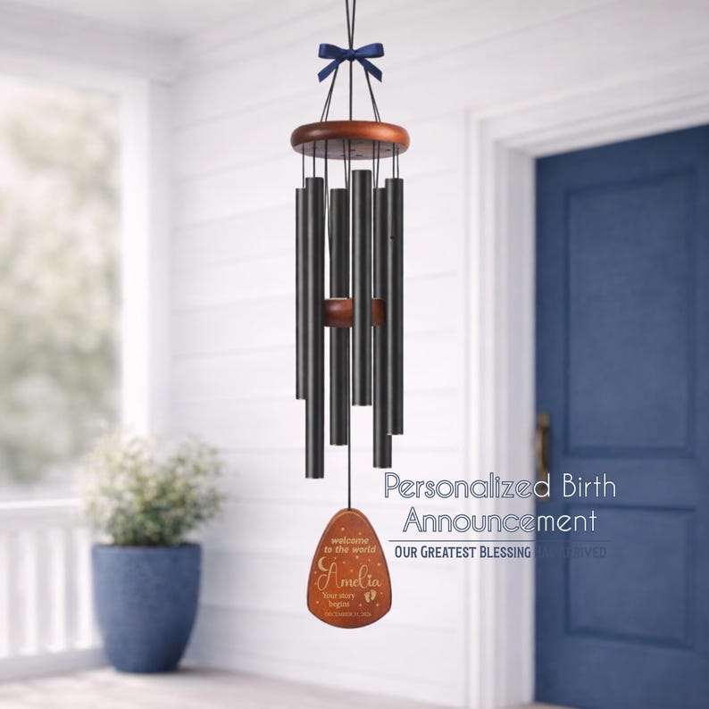 Personalized New Baby Wind Chime | Custom Birth Announcement Gift | Engraved with Baby Name & Date | Keepsake for Nursery or Parents imagen 1