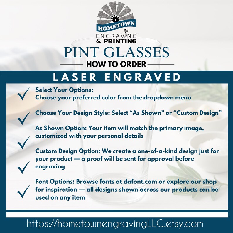 May include: Clear pint glass with the text "PINT GLASSES" and "LASER ENGRAVED". Instructions on how to order are listed below the glass. The Hometown Engraving & Printing logo is at the top.