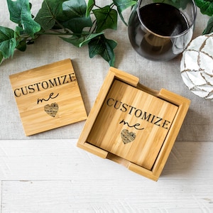 Personalized Coasters, Square 4 Bamboo Coaster Set w/ Holder, Housewarming Gift, Monogram Coasters, Custom Coasters, Wedding, Christmas Gift