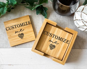 Personalized Coasters, Square 4 Bamboo Coaster Set w/ Holder, Housewarming Gift, Monogram Coasters, Custom Coasters, Wedding, Christmas Gift