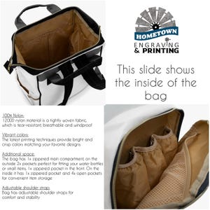 Informational graphic showing the inside of a white diaper backpack with tan nylon lining. Two interior photos display mesh and elastic pockets designed for organizing baby essentials. Text on the left highlights features: 1200D tear-resistant nylon, vibrant print capability, multiple storage compartments including zippered and open pockets, and adjustable shoulder straps. Logo for Hometown Engraving & Printing is included along with a headline that reads “This slide shows the inside of the bag.