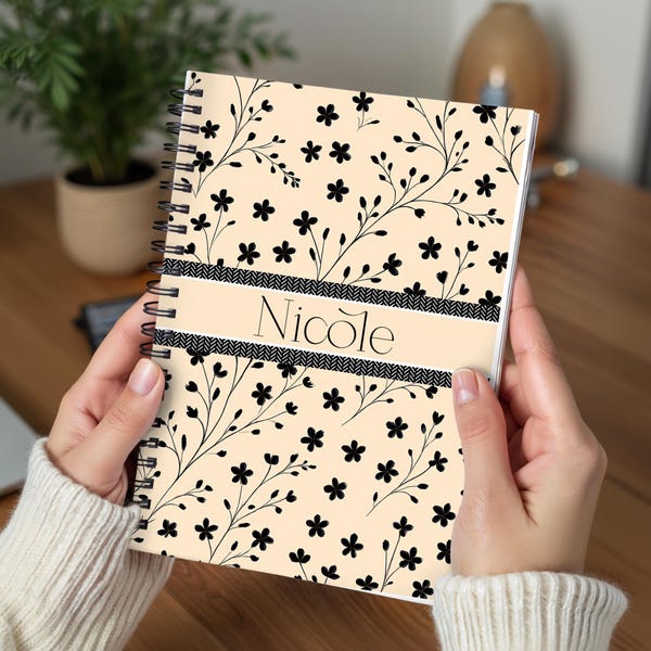 Personalized Spiral Journal with Name – Custom Beige and Black Floral Notebook, Personalized Gift for Women, Writers, Teens & Students