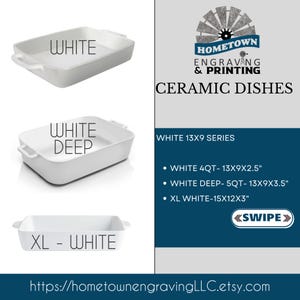 White ceramic casserole dish size options showing standard, deep, and extra-large 13x9 stoneware baking dishes. Informational listing image highlighting white 4-quart, deep 5-quart, and XL ceramic bakeware sizes, perfect for personalized engraving, family recipes, holiday casseroles, and farmhouse kitchen gifts.