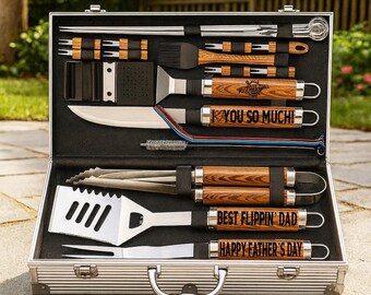 Father’s Day BBQ Tool Set with Custom Engraved Handles, Best Dad Gift for Grill Master, Personalized Grill Set with Mats & Case