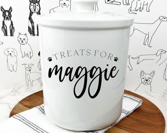 Ceramic Treat Jar for Dogs and Cats - Laser engraved with your pets name for a classy looking countertop accessory